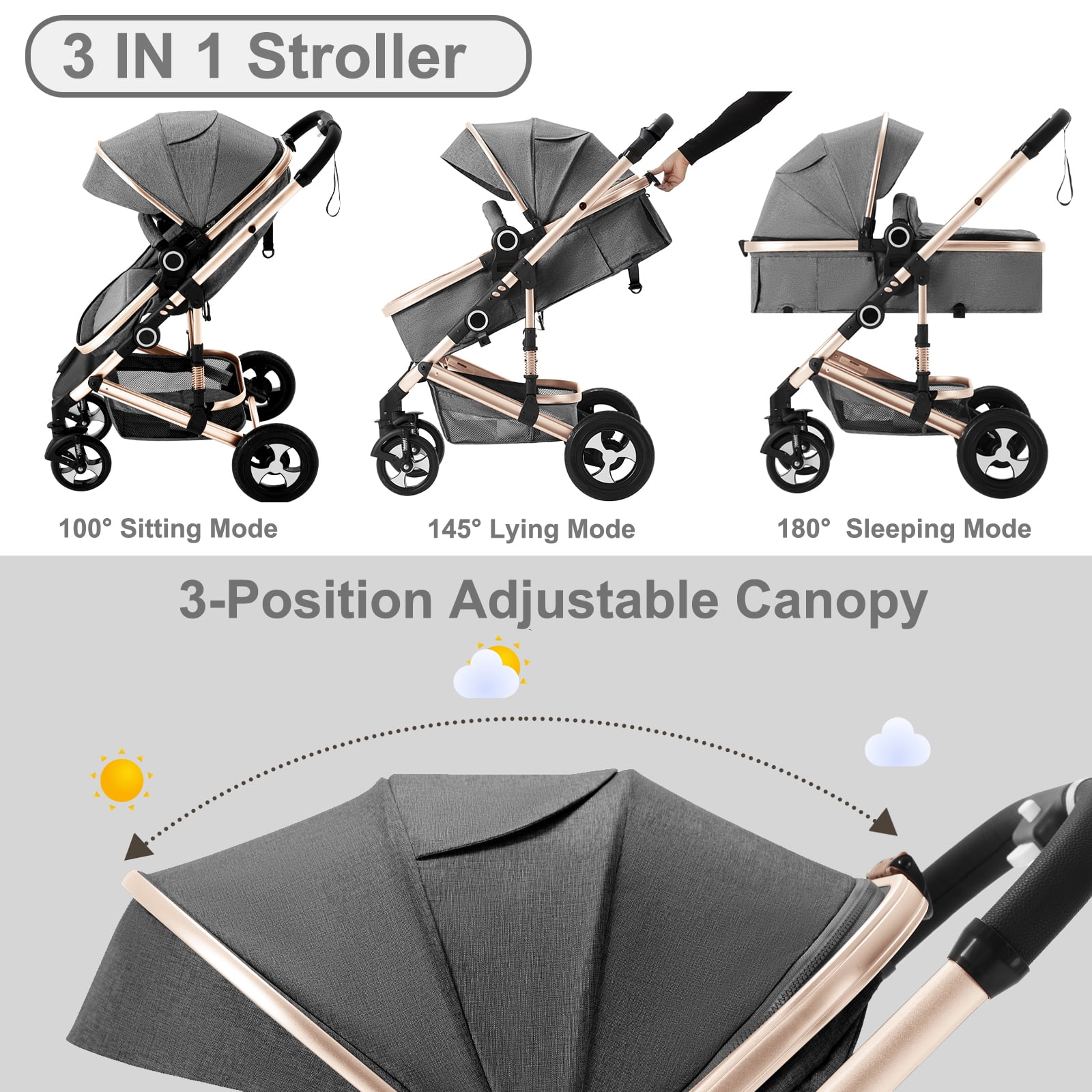 Free Shipping AILEEKISS 2 in 1 Convertible Baby Stroller Unisex Folding Infant Newborn Bassinet Pram Rose Gold Walmart