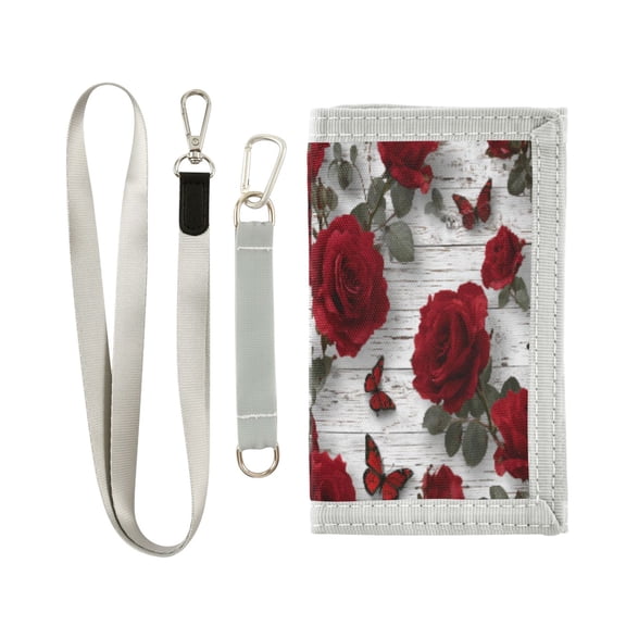 Cloth Wallet with Lanyard & Multiple Compartments Fashion Purse Zipper Clutch Bag for Cash Cards Coins Roses and Butterflies Pattern