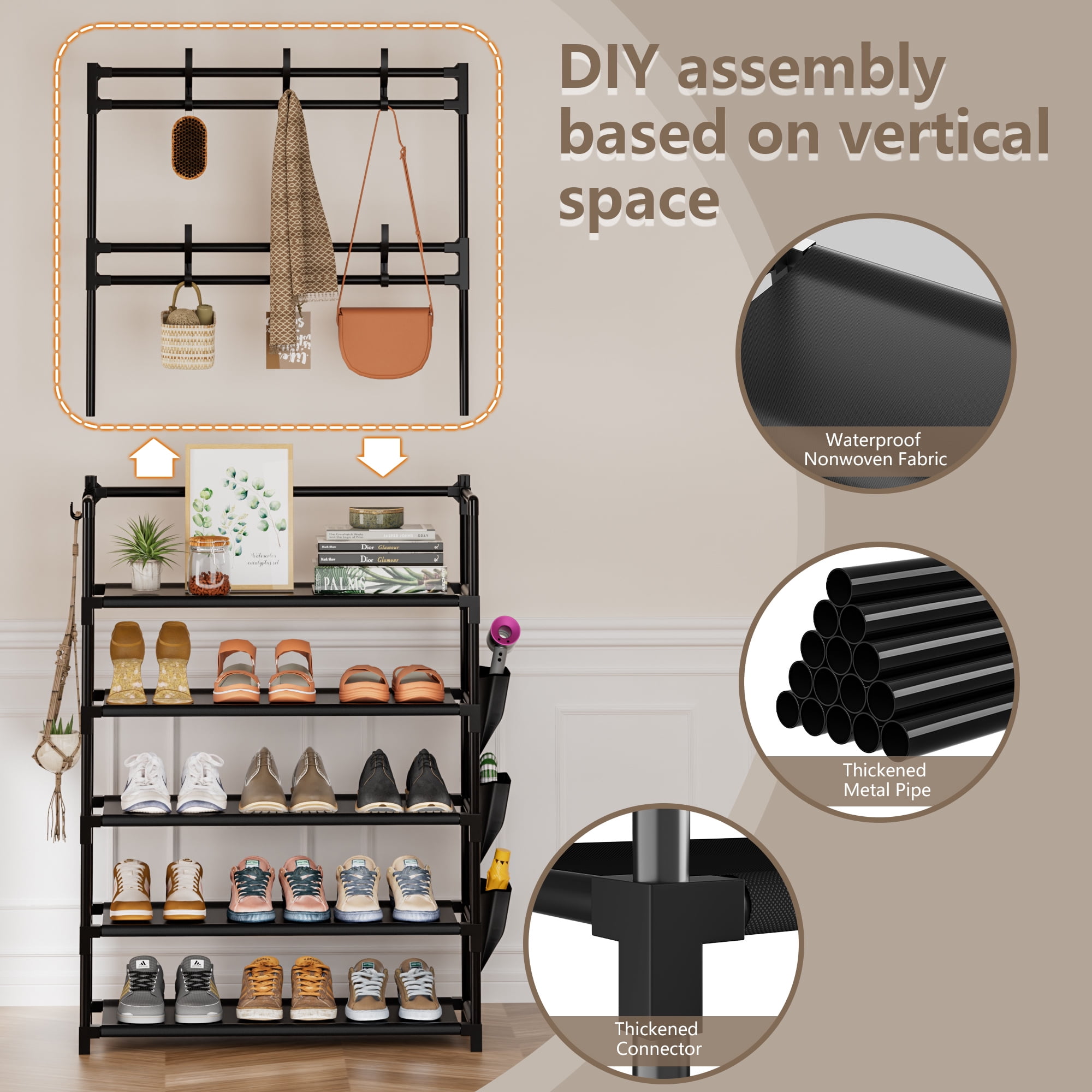 5 Tier Shoe Rack with Hooks and Side Pocket Storage 15-20 Pairs Shoe Rack for Closet Entrance Shoe Rack Organizer Entryway Shoe Holder Space Saving Free Standing Shoe Racks