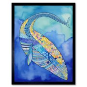 Blue Whale With Multicolour Patterns Folk Art Watercolour Painting Art Print Framed Poster Wall Decor 12x16 inch