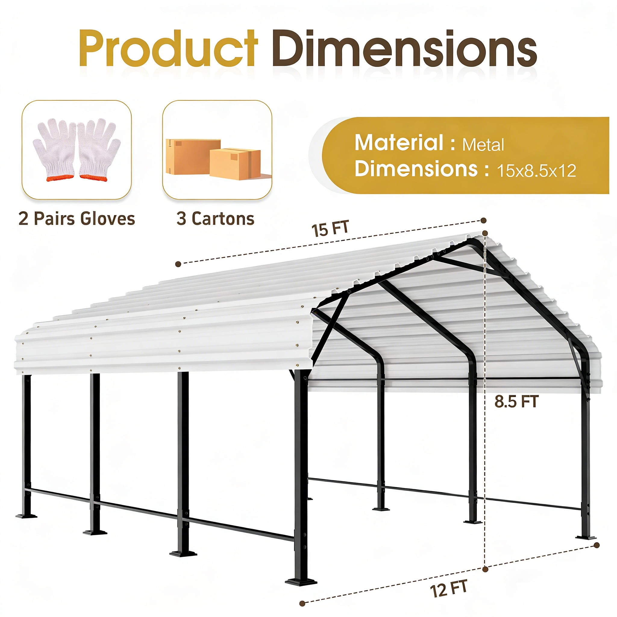 Walsunny 12X15ft Steel Carport, Outdoor Heavy Duty Carport Canopy with Galvanized Steel Roof, Metal Carport Extra Large Garage Car Storage Shelter, White