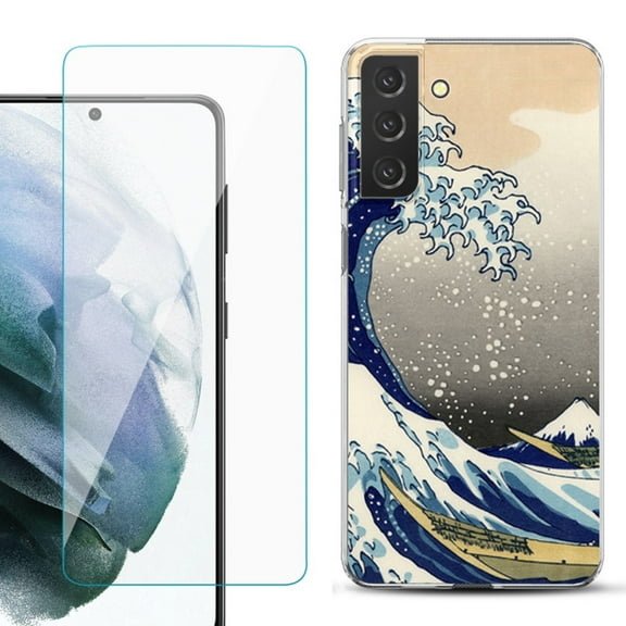 Slim-Fit TPU Fashion Phone Case for Samsung Galaxy S21 FE 5G Fan Edition, with Tempered Glass Screen Protector, by OneToughShield ® - Great Wave