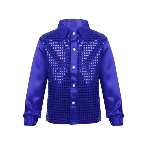 Linjinx Kids Boys Long Sleeve Tops Shiny Sequined Shirt Dancewear Blouses Blue 4-5