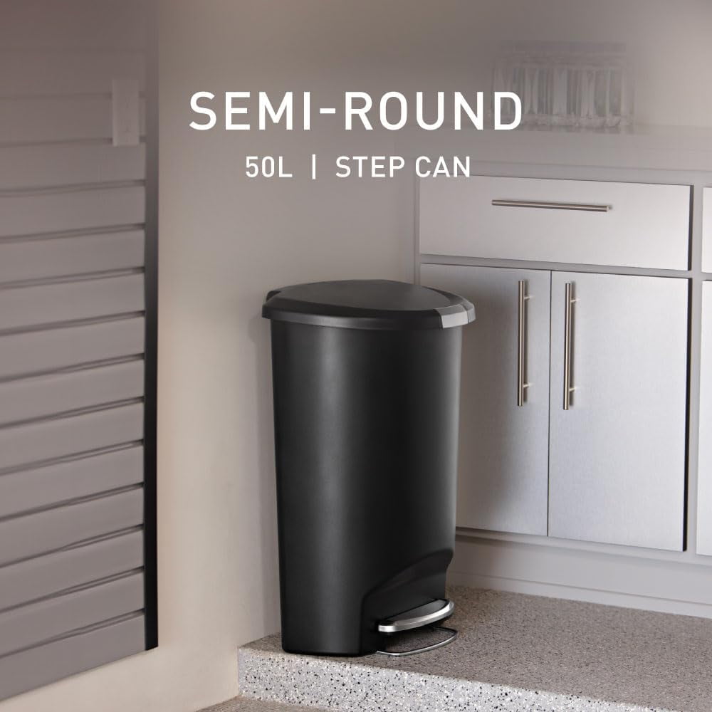 simplehuman 13 Gallon Trash Can, Black Plastic Semi-Round Step Kitchen Trash Can with Secure Slide Lock