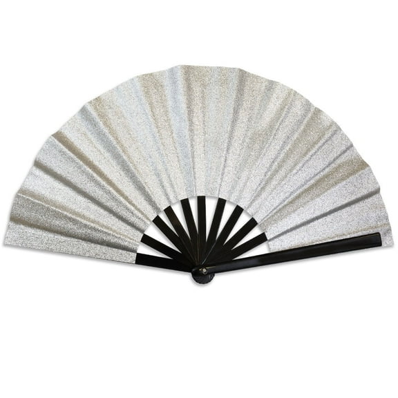 Glitter Silver Large Hand Fan – Folding Handheld Fan for Raves, Parties, Costumes, and Dancing