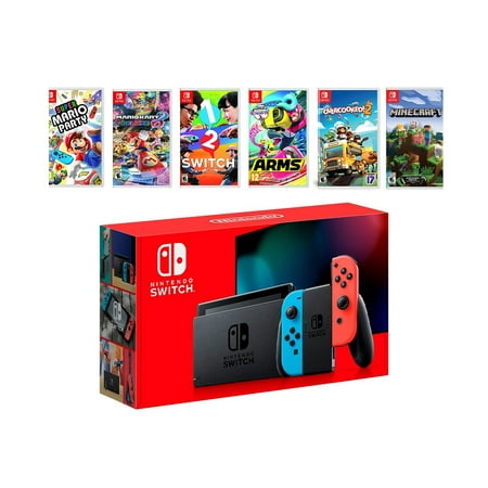 2019 New Nintendo Switch Red/Blue Joy-Con Console Multiplayer Party Game Bundle, Super Mario Party, Mario Kart 8 Deluxe, 1-2 Switch, Arms, Overcooked 2, Minecraft