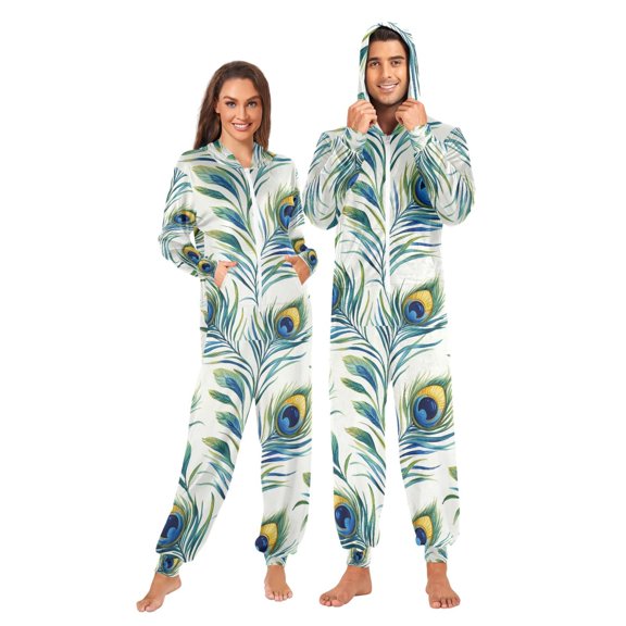 FORMRS Onesies Pajama for Adults Unisex Hoodie Winter Jumpsuit One Piece Sleepwear, Sizes S-2XL, Peacock Feather