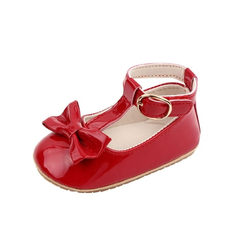 Meresysid Toddler Infant Kids Newborn Summer New Baby Everything Casual Breathable Cute Bow Buckle Rubber Sole Non-slip Soft Soled Baby Leather Shoes Red