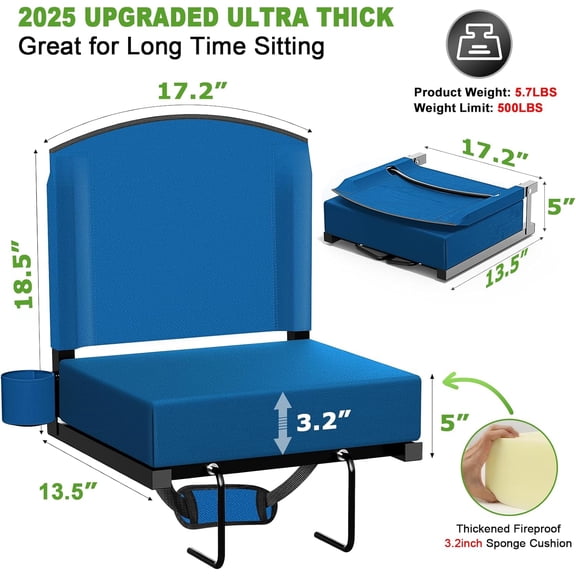 Stadium Seats with Back Support, New Portable Seat for Bleachers Hold up 400lbs, Wide Bleacher Seat with Shoulder Strap & Handle Perfect for Sports Events (Blue, 1pcs)