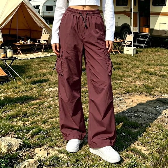 Mifsaly Women's Cargo Pants High Waisted Parachute Pants Lightweight Relaxed Fit Baggy Athletic Joggers with Pockets for Outdoor Camping and Streetwear Wine,XL