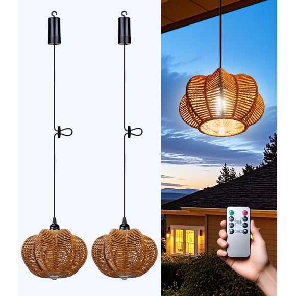 Battery Operated Chandelier Outdoor Waterproof, Gazebo Lights Battery Powered, Boho Rattan Hanging Pendant Light for Porch, Patio, Pergola,