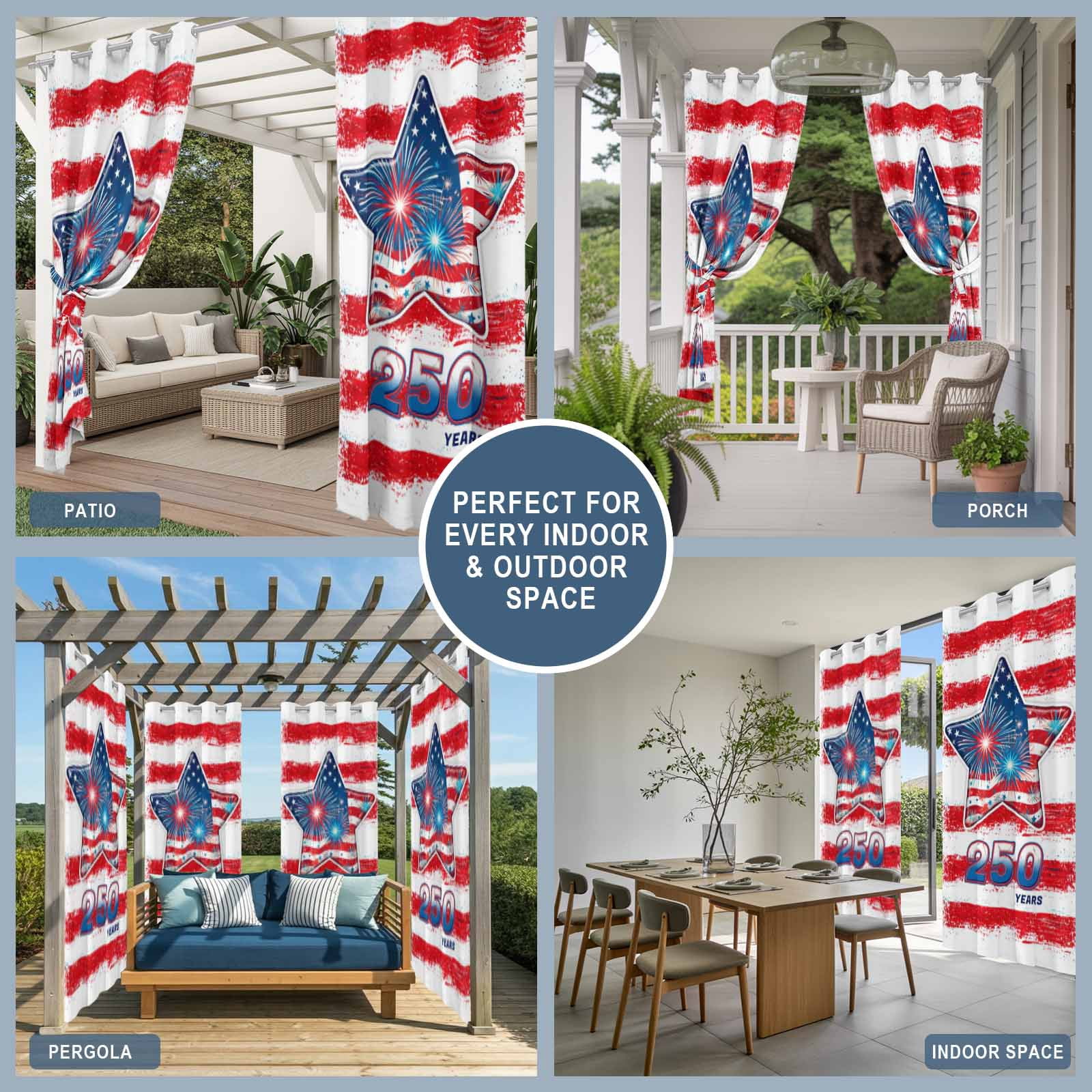 250 Anniversary Outdoor Curtains for Patio, American Flag Fireworks Star Red Strip Sunshade Privacy Drapes Grommet Waterproof Outside Curtains for Porch/Cabana/Balcony 54"x 108", 1 Panel