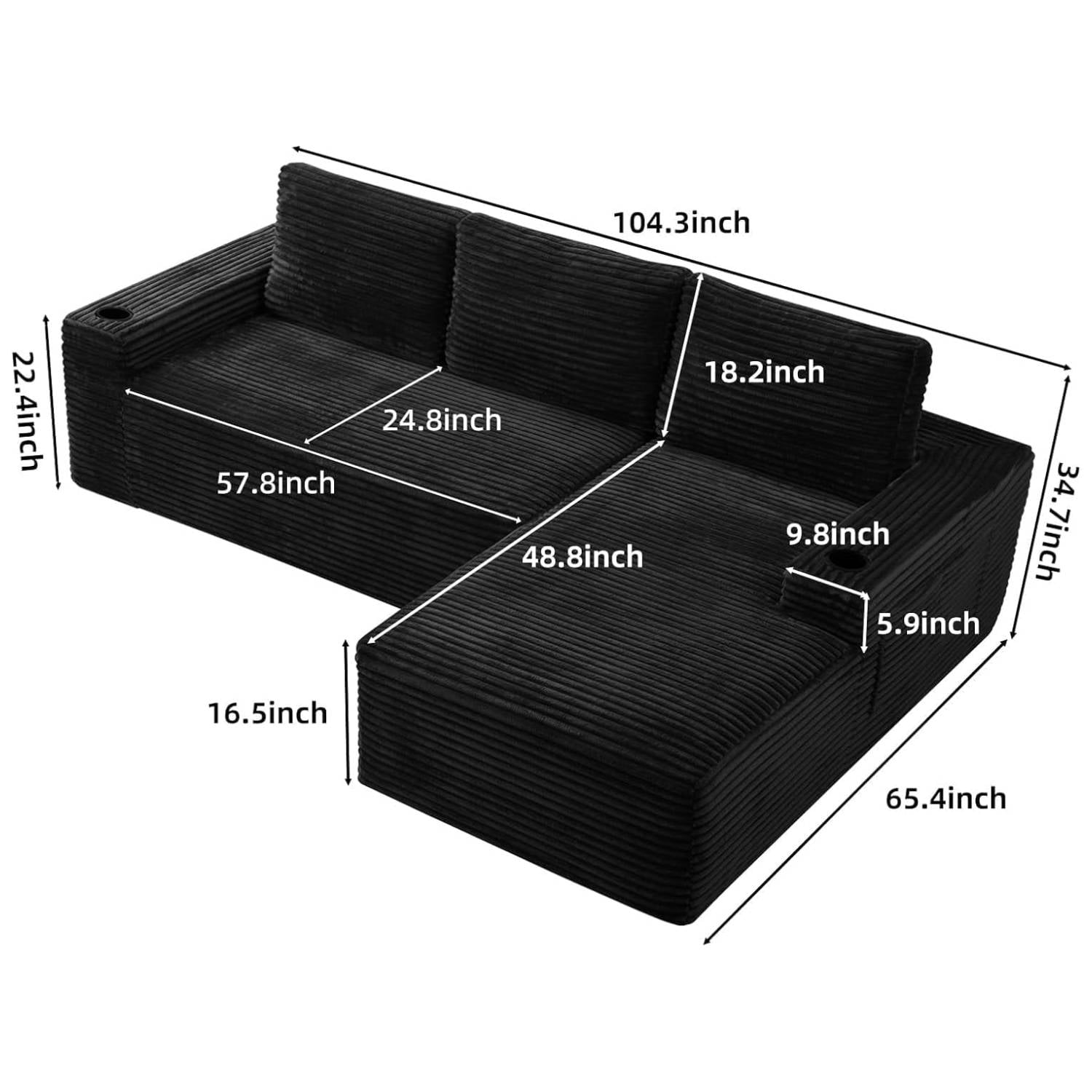 L-Shape Cloud Couch Cup Holders, Modular 104" Cloud Sectional Sofa Corduroy Boneless Sofa Couch with Chaise for Living Room, Black