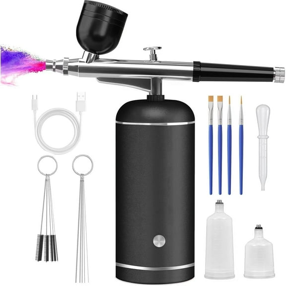 Black Airbrush Kit with Compressor - 48PSI High-Pressure, Non-Clogging Air Brush Set Cordless Rechargeable with 0.3mm Nozzle and Cleaning Brush for Nail Art, Makeup, Painting, and Cake Decorating