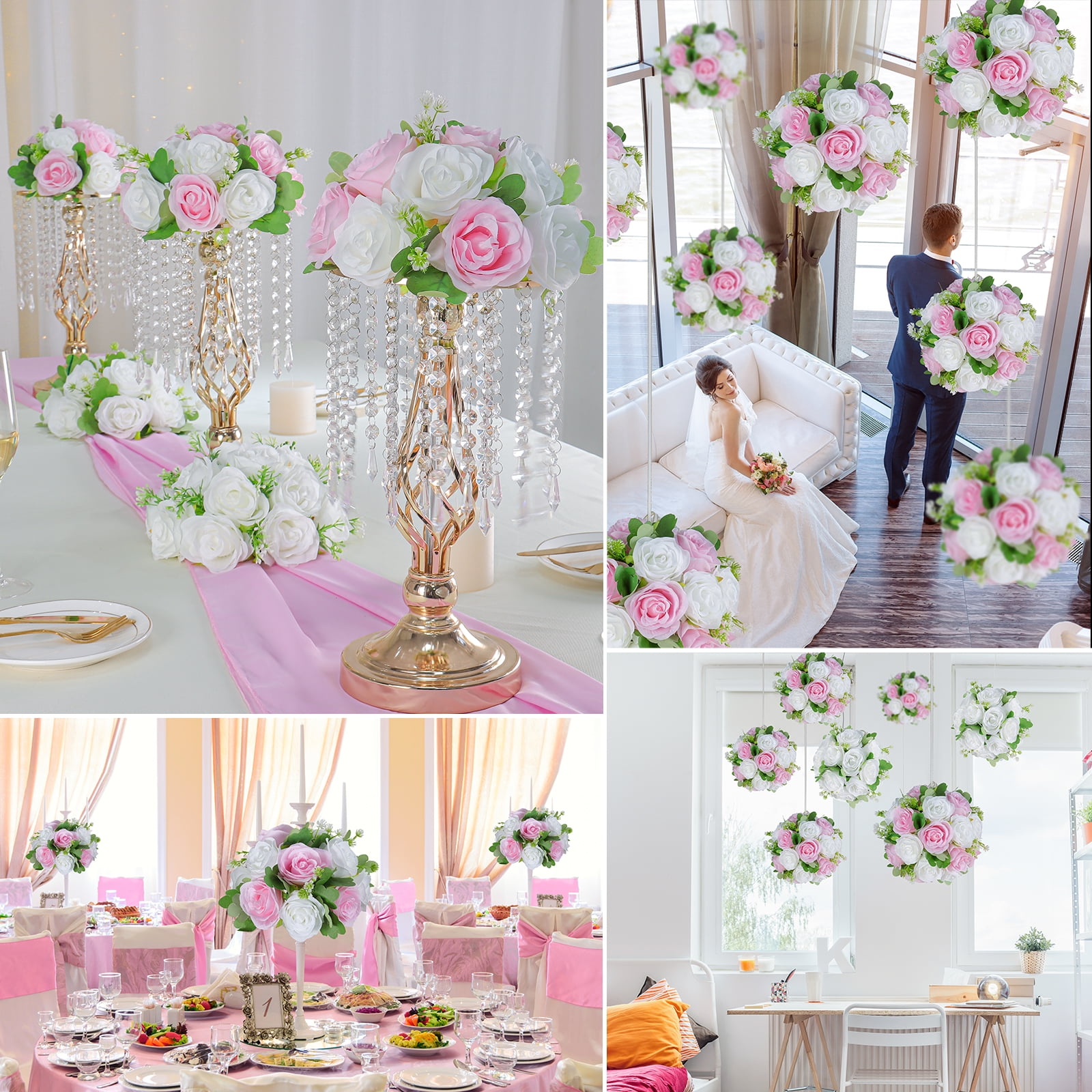 Wedding Flower Balls for Centerpieces 6pcs Pink Rose Artificial Flowers Ball Arrangement Bouquet Silk Roses for Party Table Decoration 10.6inch