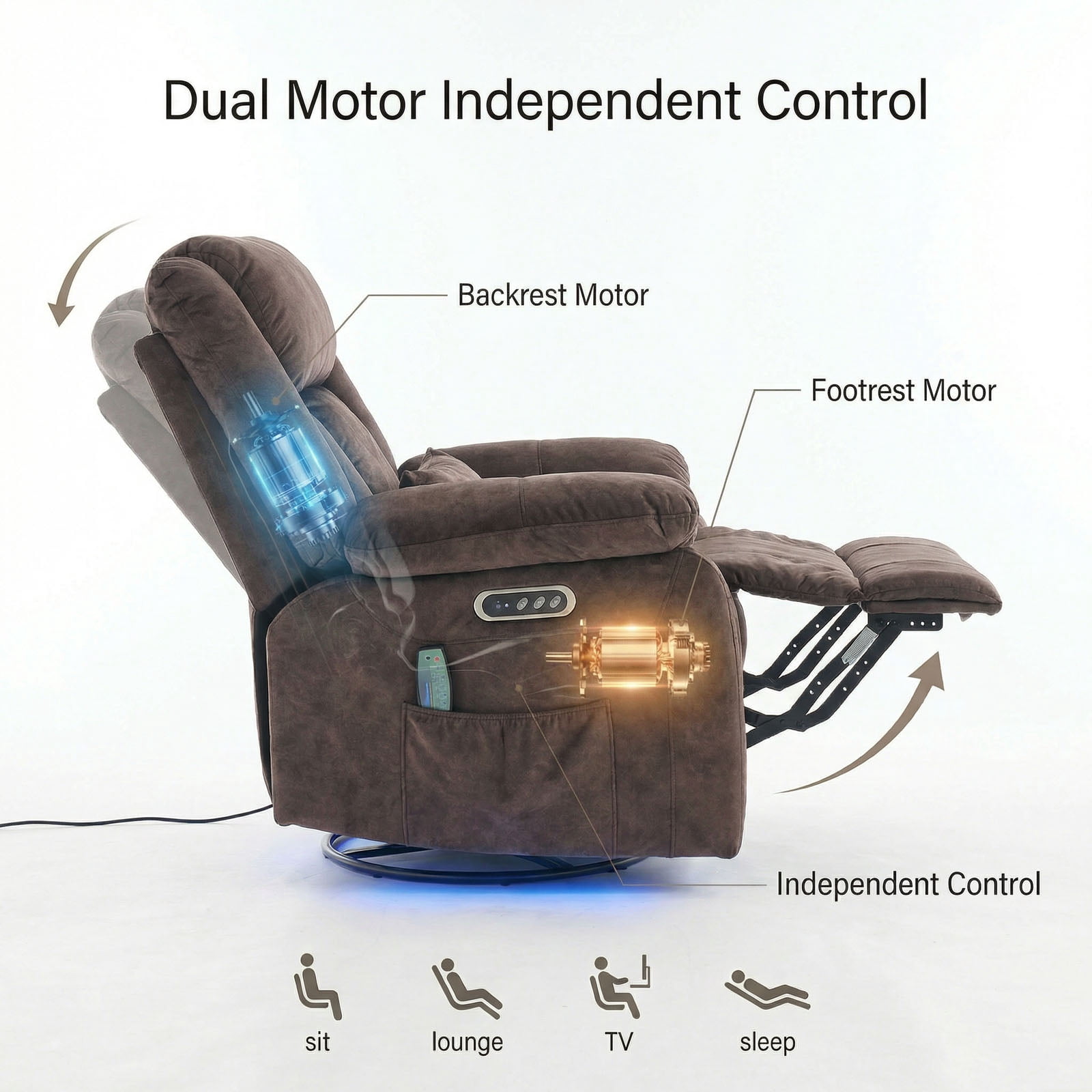 IPKIG Electric Power Recliner with Heat & Massage, 240° Swivel Rocking Chair for Living Room, LED Home Theater Recliner, Velvet Brown