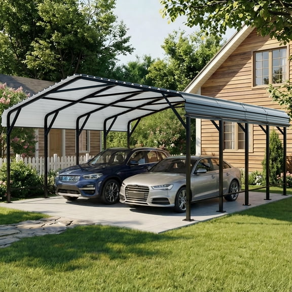 Walsunny 20X20ft Steel Carport, Outdoor Heavy Duty Carport Canopy with Galvanized Steel Roof, Metal Carport Extra Large Garage Car Storage Shelter, Gray