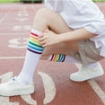 thumbnail image 4 of JeashCHAT 1Pair Thigh High Socks Over Knee Rainbow Stripe Girls Football Socks Black White, 4 of 9