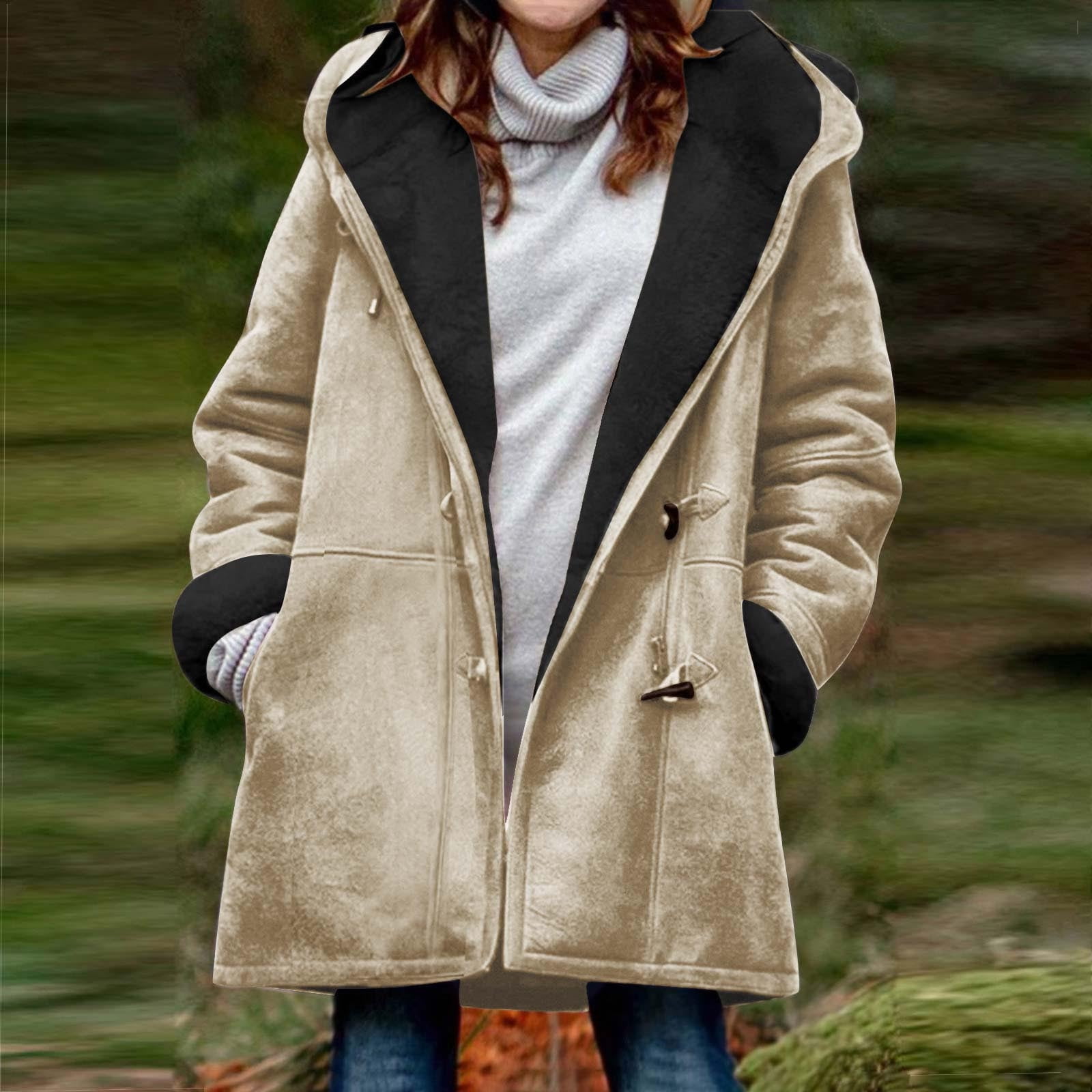 VINUSLI Women's Suede Thick Mid-Length Padded Coat Plus Size 2025 Winter Horn Button & Zip Jacket Fleece Lined Warm Hooded Outwear Beige,XXXXXL