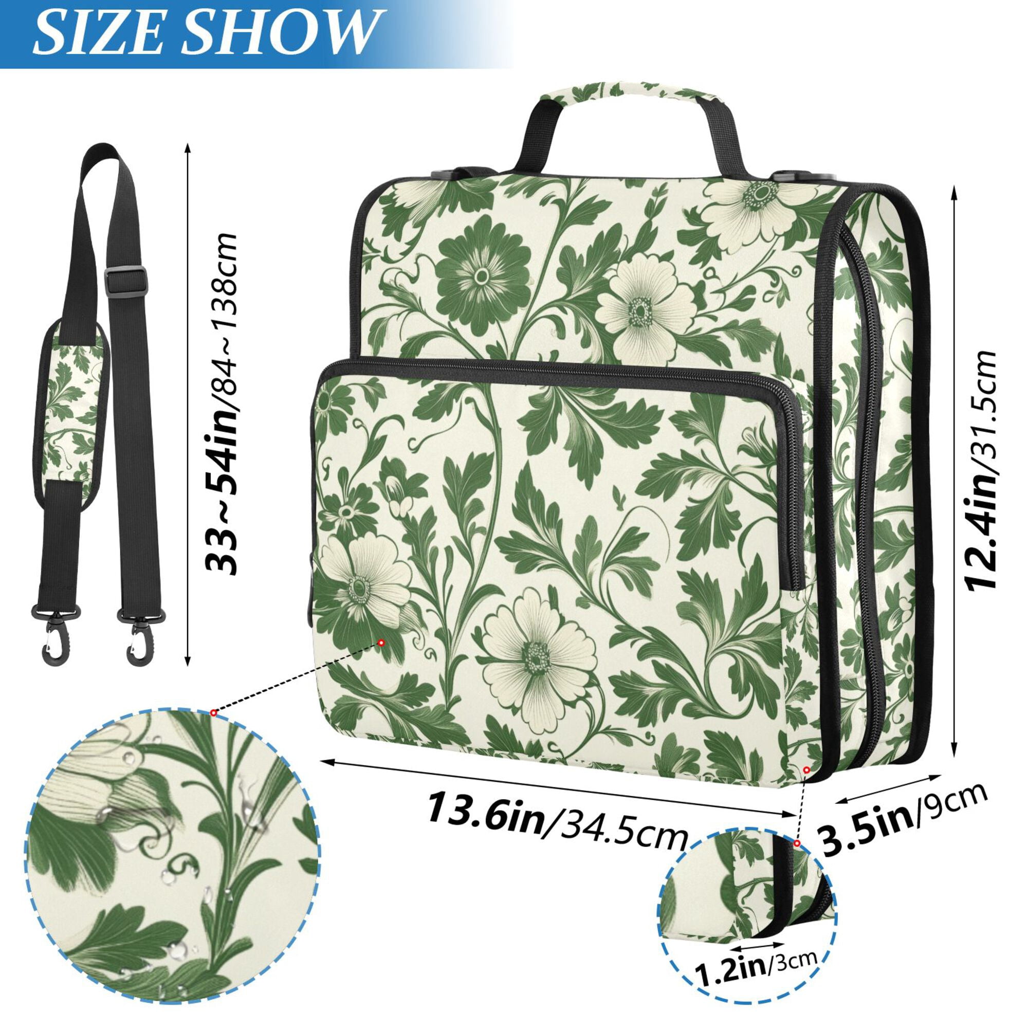 FORMRS Zipper Binder with Shoulder Strap 2-inch Ring 500 Sheet Capacity File Bag, Green Floral