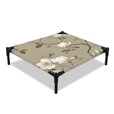 Vintage Floral Elevated Dog Bed Magnolia Flowers Branches Rustic Botanical Brown Cooling Breathable Outdoor Raised Dog Cot Bed with Metal Frame Non-Slip Feet for Small Dog 20x20in