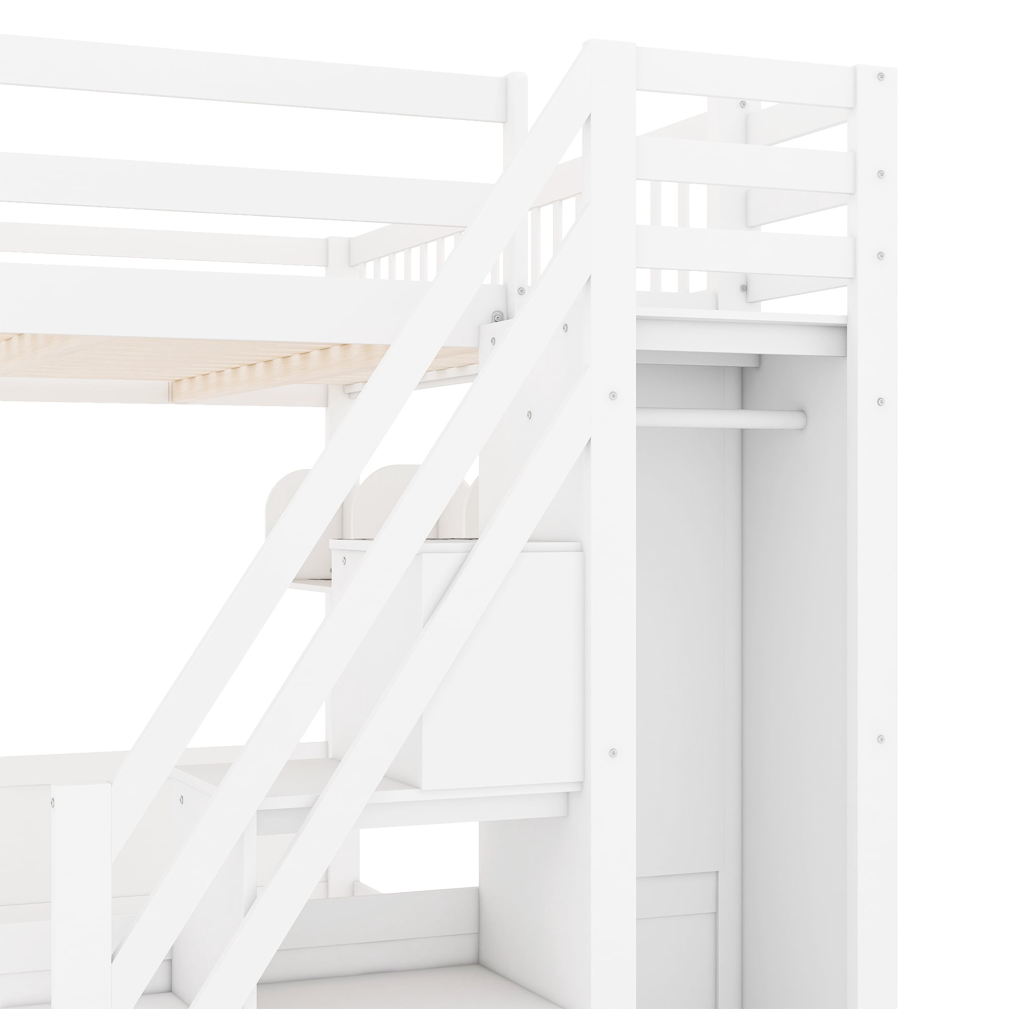 Euroco Wood Queen Size Loft Bed with Staircase and Wardrobe, Storage Bed with Cabinets and Shelves, White