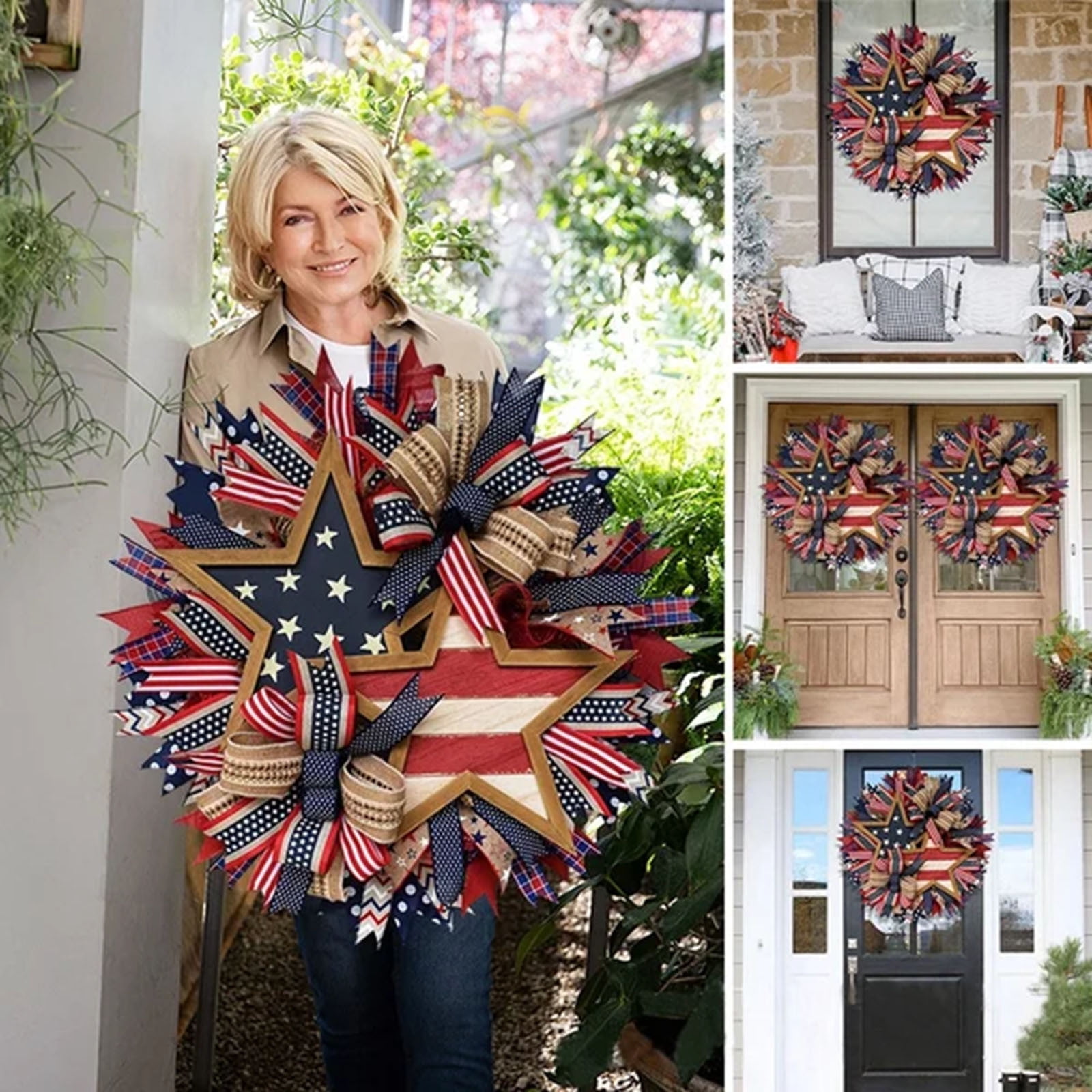 17.7 Inch Ribbon Independence Day Front Door Wreath Welcome Sign Door Hangers Anniversary Patriotic Wreath Red White and Blue 4th Of July Garland for Home Wall Porch