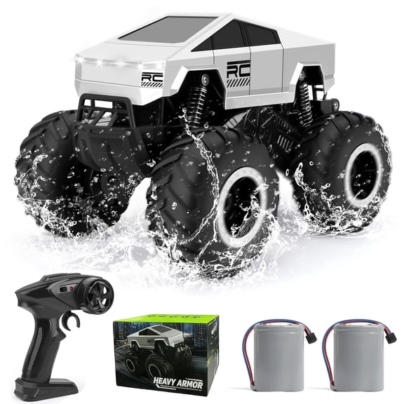Amphibious Remote Control Car, 4WD Off-Road RC Truck with Dual Batteries, 2.4GHz Waterproof All Terrain RC Vehicle with LED Lights