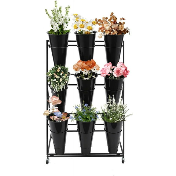 Flower Stand with 9 Buckets, 3-Tier Flower Display Stand, Movable Iron Flower Cart with 4 Wheels, Florist Bouquet Shelf for Home Balconies, Gardens, Clubs(Sent in two packages)