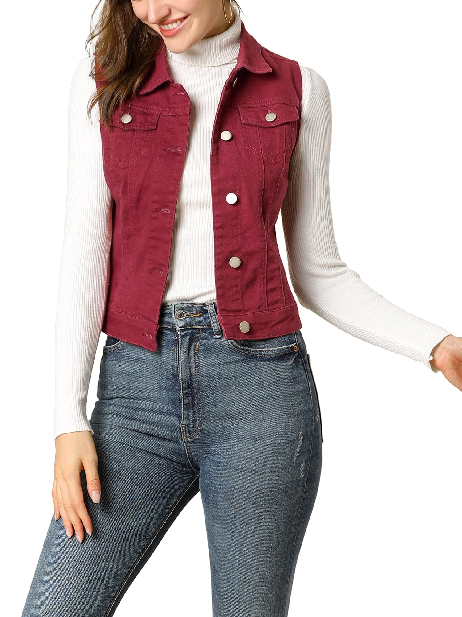 DARING DIVA Women's Denim Sleeveless Flap Pockets Vest Jacket L Burgundy