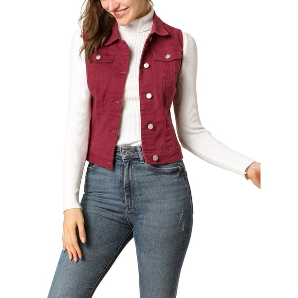 Chaleco sin mangas de mezclilla lavado para mujer INSPIRE CHIC con botones y bolsillos color burdeos M