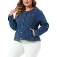 thumbnail image 4 of Agnes Orinda Women's Plus Size School College Denim Jackets Collarless Long Sleeve Button Down Casual Jean Coats with Pocket 2X Dark Blue, 4 of 6