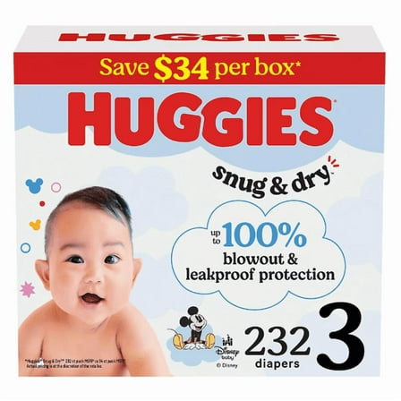 Huggies Snug & Dry Leakproof Baby Diapers, Size 3  (16-28 lbs), 232 Count