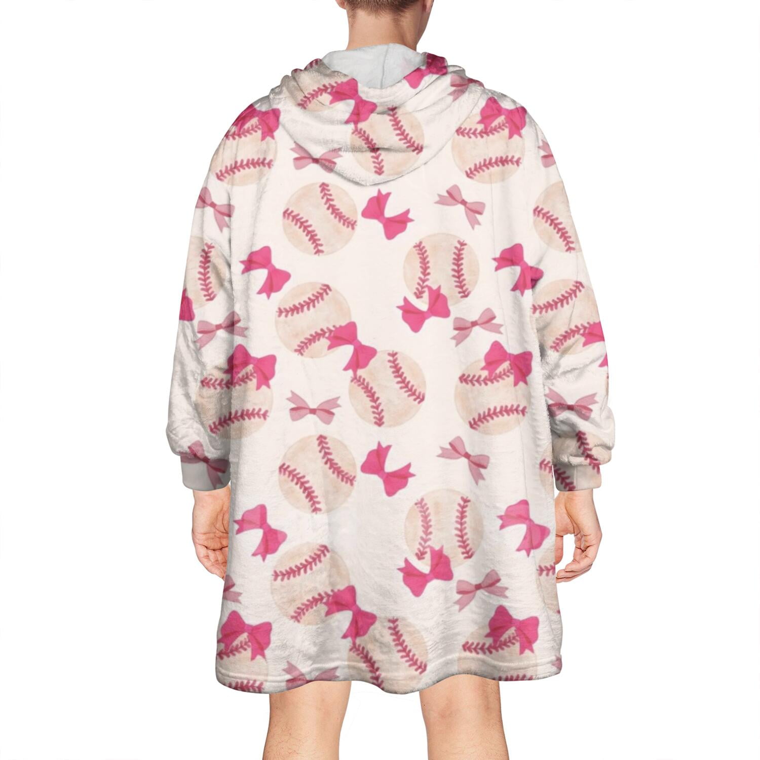 Pink Bows and Baseballs Pattern Wearable Oversized Blanket,Wearable Blanket Hoodie for Adults,Cozy Hooded Blankets with Super Pockets,Super Warm Fuzzy Pullover for Women & Men