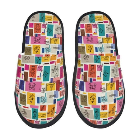 Balery Cute Doodles Slient Indoor Furry Fleece Comfort House Shoes Soft Non-Slip Home Shoes Cotton slippers House Slippers-- Large