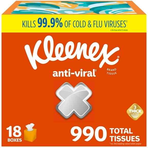 Kleenex Anti-Viral Facial Tissues, Classroom or Office Tissue, 18 Cube Boxes, 55 Tissues per Box, 3-Ply (990 Total Tissues)