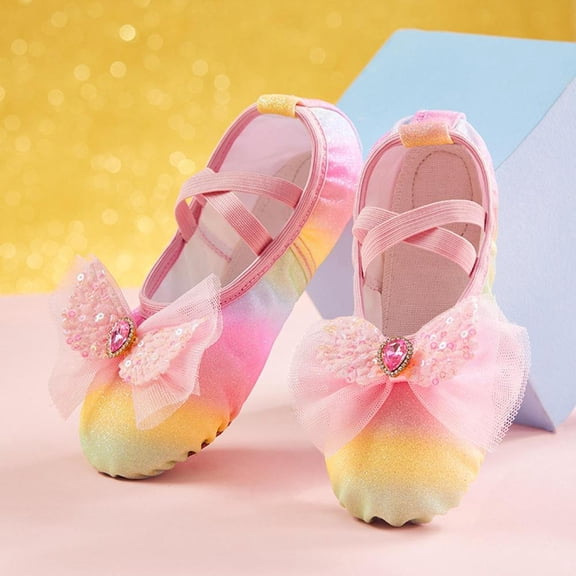 Bxsruta Girls Soft Sole Dance Shoes Sequin Bow Leather Ballet Tap Shoes for Toddler Little Kids Big Kids
