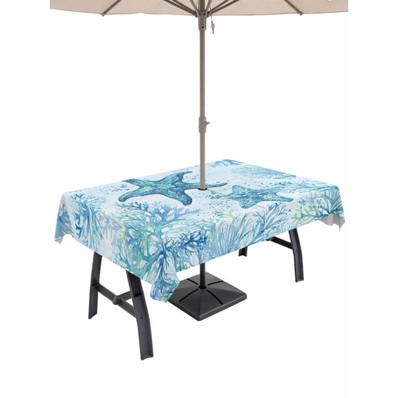 Outdoor Tablecloth with Umbrella Hole for Patio/Picnic/Party/Camping, Coastal Coral Starfish Waterproof Table Cloth Rectangle Table Cover Washable, Watercolor Ocean Botanical Teal Blue (60"x 84")