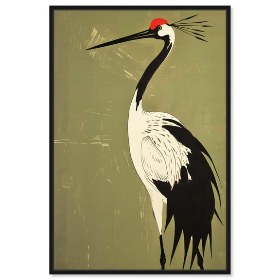 Crane on Jade Canvas Retro Japanese Art Prints by Art Remedy, Black Frame, 10" x 15"