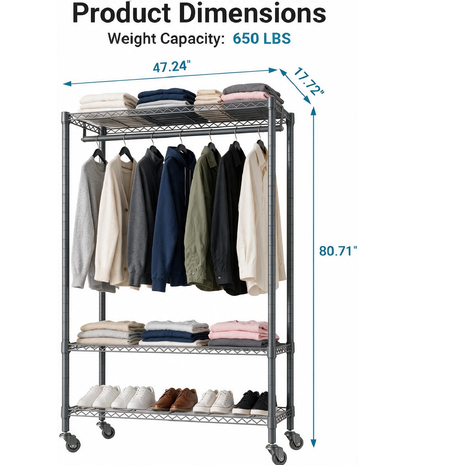 Sailvan 640LBS Heavy Duty Rolling Clothes Rack, 47" Garment Rack with Wheels, Metal Freestanding Portable Closet, 2 Hanging Rods & 3 Shelves,Gray