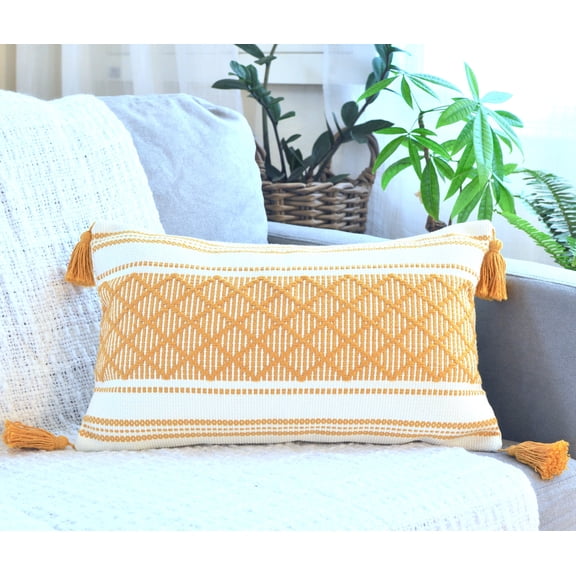 Boho Lumbar Pillow Cover with Tassels, 12x20 Inches, Mustard Yellow/Cream | Decorative Rectangular Cushion Cover for Living room Couch, Sofa, Chair | Farmhouse Woven Pillow Case