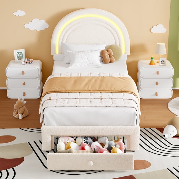 Twin Upholstered Platform Bed Frame with Rainbow LED Headboard and Storage Drawer, Boucle Fabric Noise-Free No Box Spring Easy Assembly for Bedroom