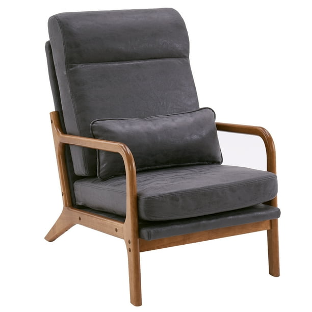 Mid-Century Modern Accent Chair with Pillow Upholstered in Antique Dark Grey Polyester and Solid Wood Frame(Antique Dark Grey)