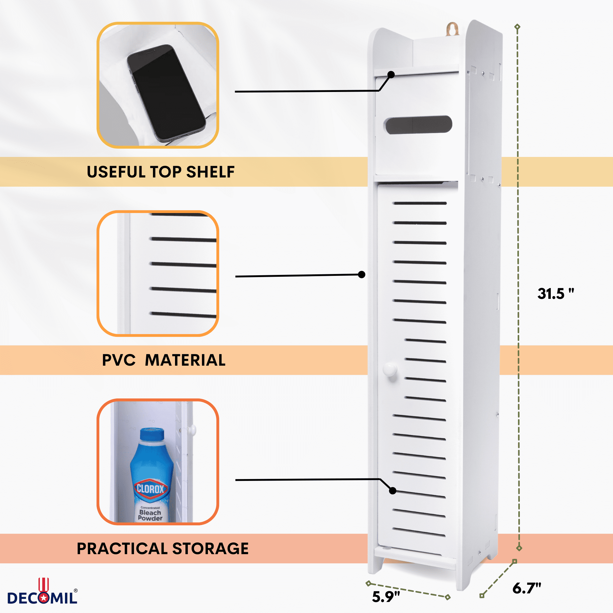 DECOMIL Slim Bathroom Storage Cabinet, Freestanding, White