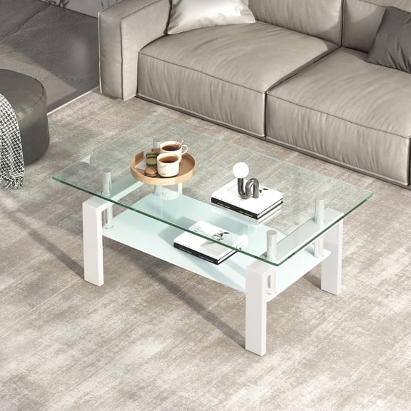 Miekor Furniture Tempered Clear Glass Coffee Table, 2-Layers Coffee Table Living Room Center Table BS6837