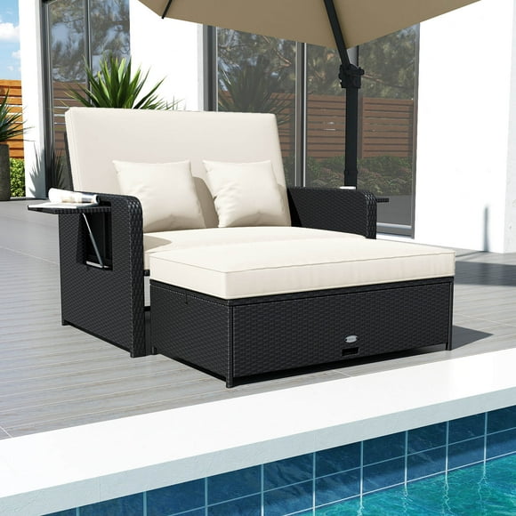 Costway 2 PCS PE Wicker Outdoor Daybed with 4-Level Adjustable Backrest, Storage Ottoman White + Black
