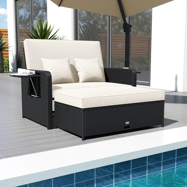Costway Lot de 2 Lits de Jour d'Extérieur en Osier PE avec Dossier Réglable à 4 Niveaux, Pouf de Rangement Blanc + Noir