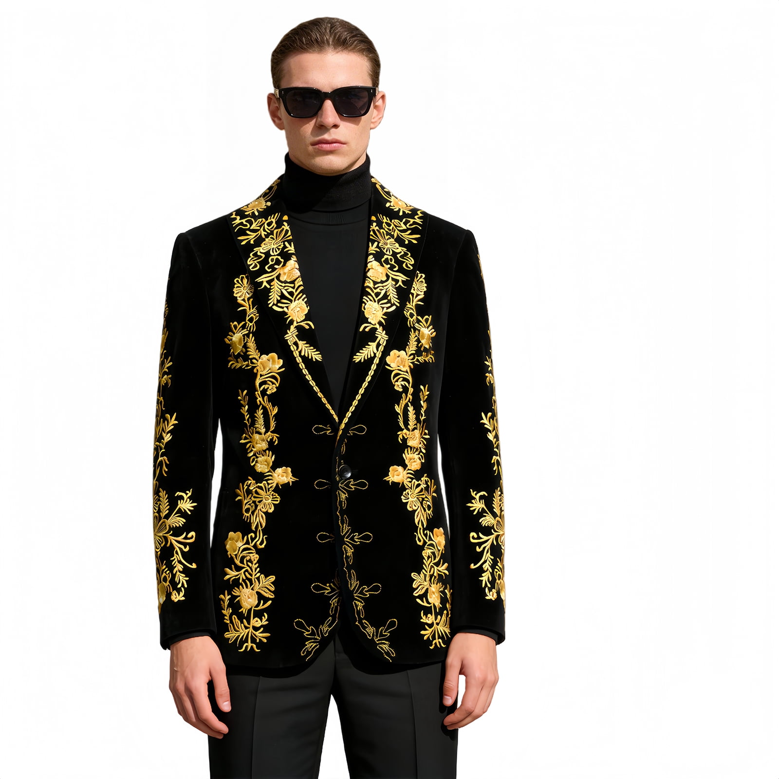 black and gold formal dress for men Men's Velvet Blazer With Floral Embroidery – Slim Fit Suit Jacket Weddings, Prom, Parties Men's Slim Fit Embroidered Suit Jacket Size_V