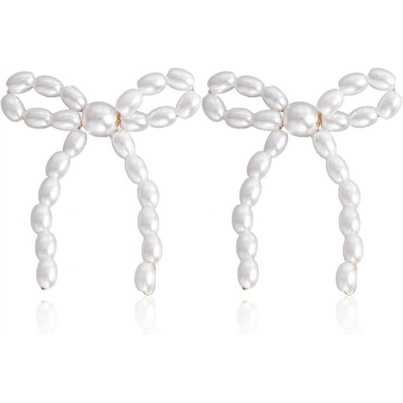 Fashion Pearl Bow Stud Earrings for Women Vintage Handmade Pearl Bow Knot Drop Earrings for Women Birthday Wedding Party Gifts Jewelry