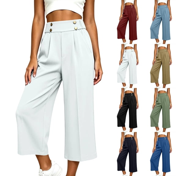 Noric Women's High Waist Wide Leg Capri Pants with Button Casual Loose Fit Summer Dressy Trousers
